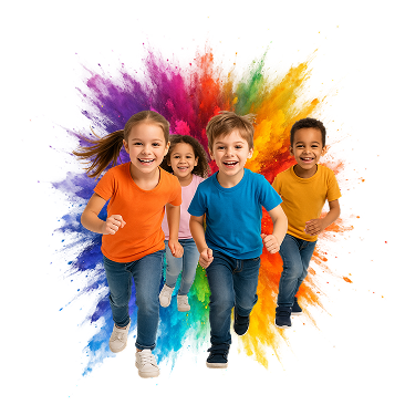Cuatro ni&ntilde;os diversos corriendo hacia la c&aacute;mara con un fondo de salpicaduras de colores en tonos arco&iacute;ris.
