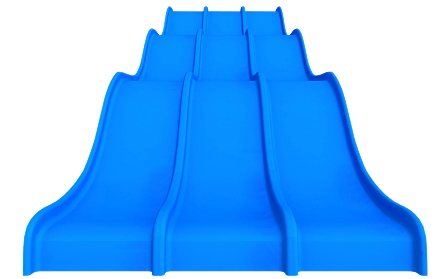 Tobogán de parque infantil azul brillante de tres carriles, con lados curvos y superficie lisa.